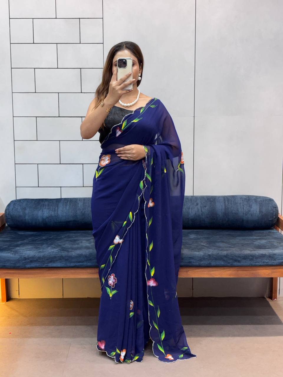 Blue Hand Flower Printed Georgette Saree, Rani Pink color Blue Hand Flower Printed Georgette sari for women, Blue Hand Flower Printed Georgette saree for wedding, Saree, Saree for women, Saris, Sari for women, Sarees for women, Party wear sarees for women, Wedding wear saree for women, Bollywood saree for women, Heavy saree for women, Sarees for wedding