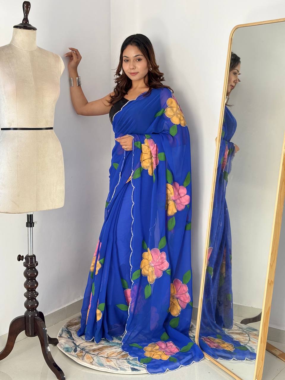 Blue Hand Printed Georgette Saree