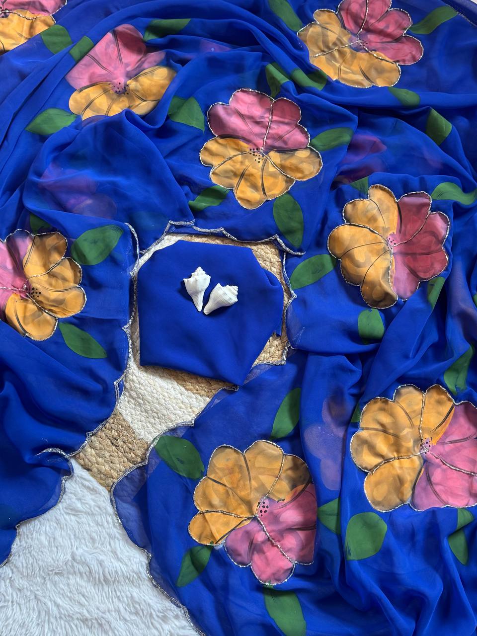 Blue Hand Printed Georgette Saree