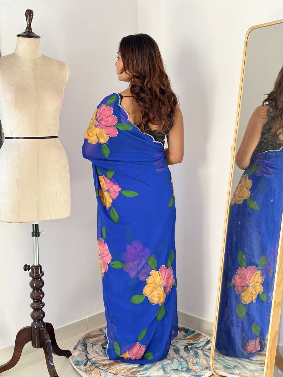 Blue Hand Printed Georgette Saree
