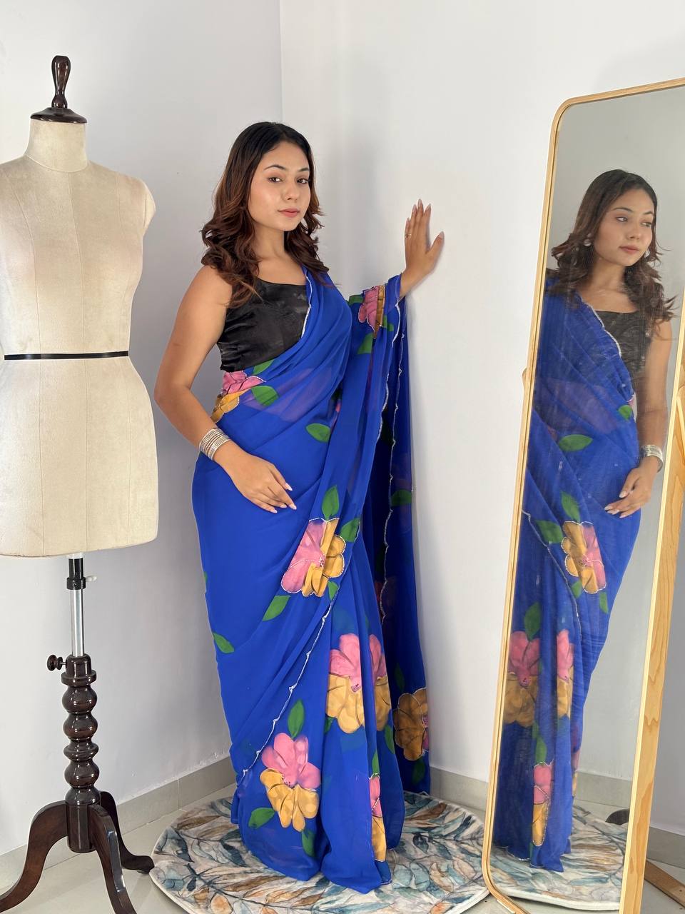 Blue Hand Printed Georgette Saree