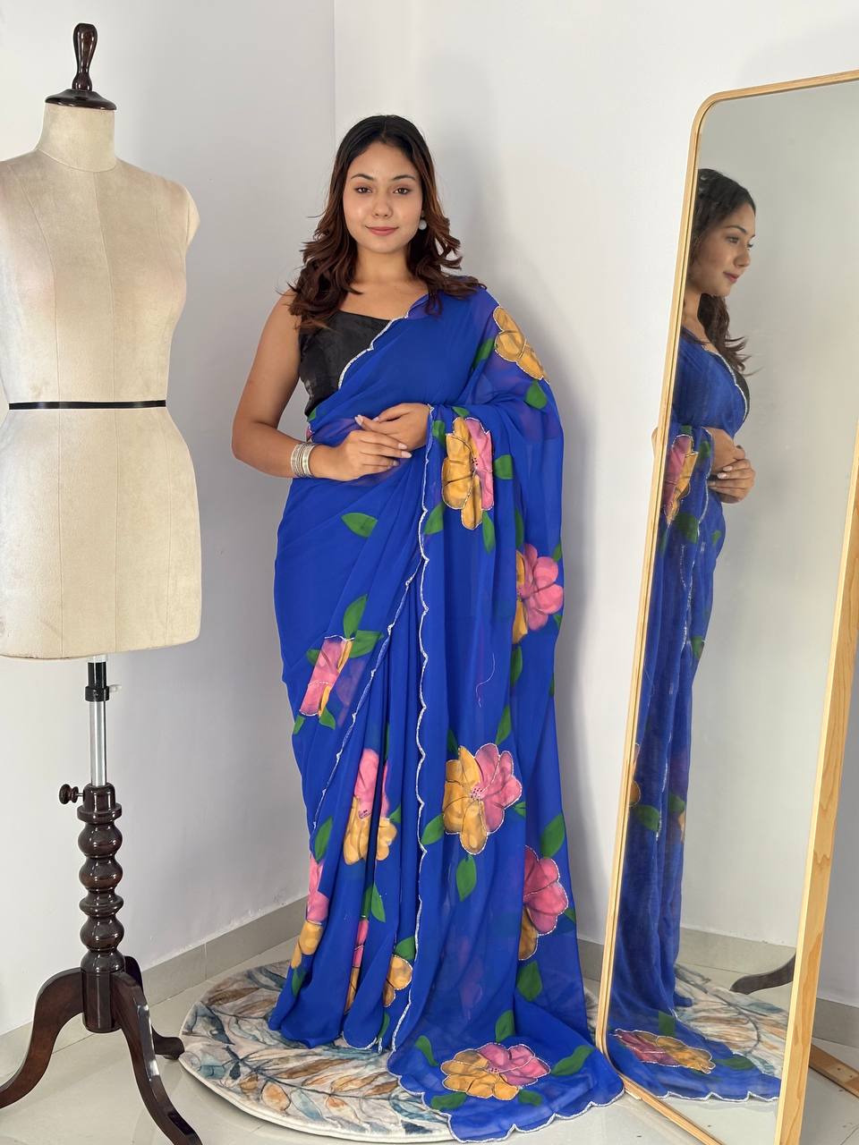 Blue Hand Printed Georgette Saree