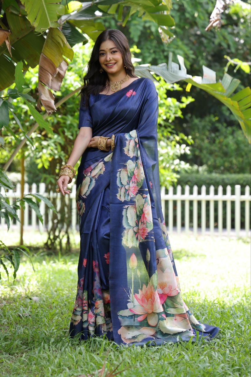 Blue Lotus Printed Tussar Silk Saree
