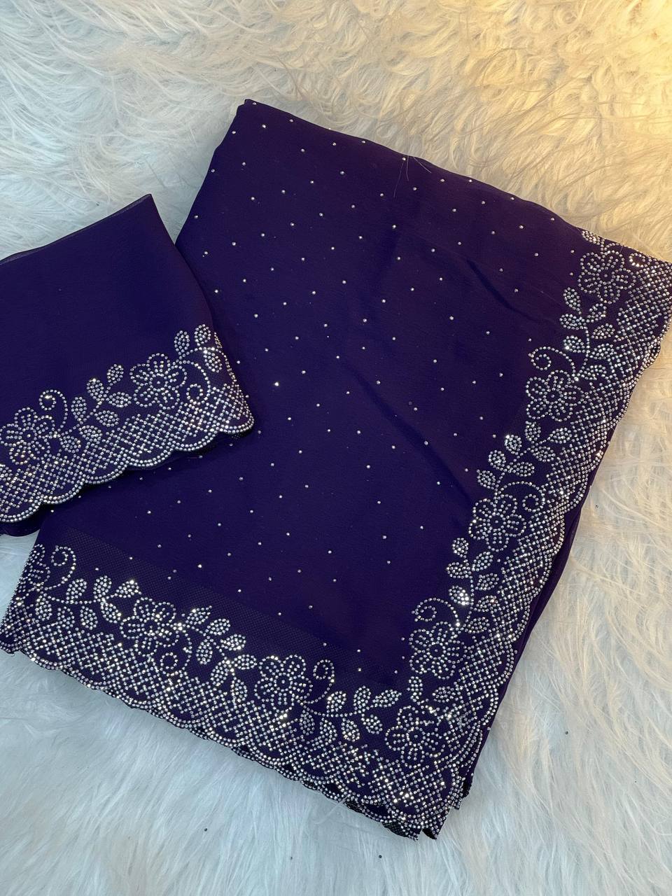 Bluish Purple Soft Georgette Diamond Work Saree