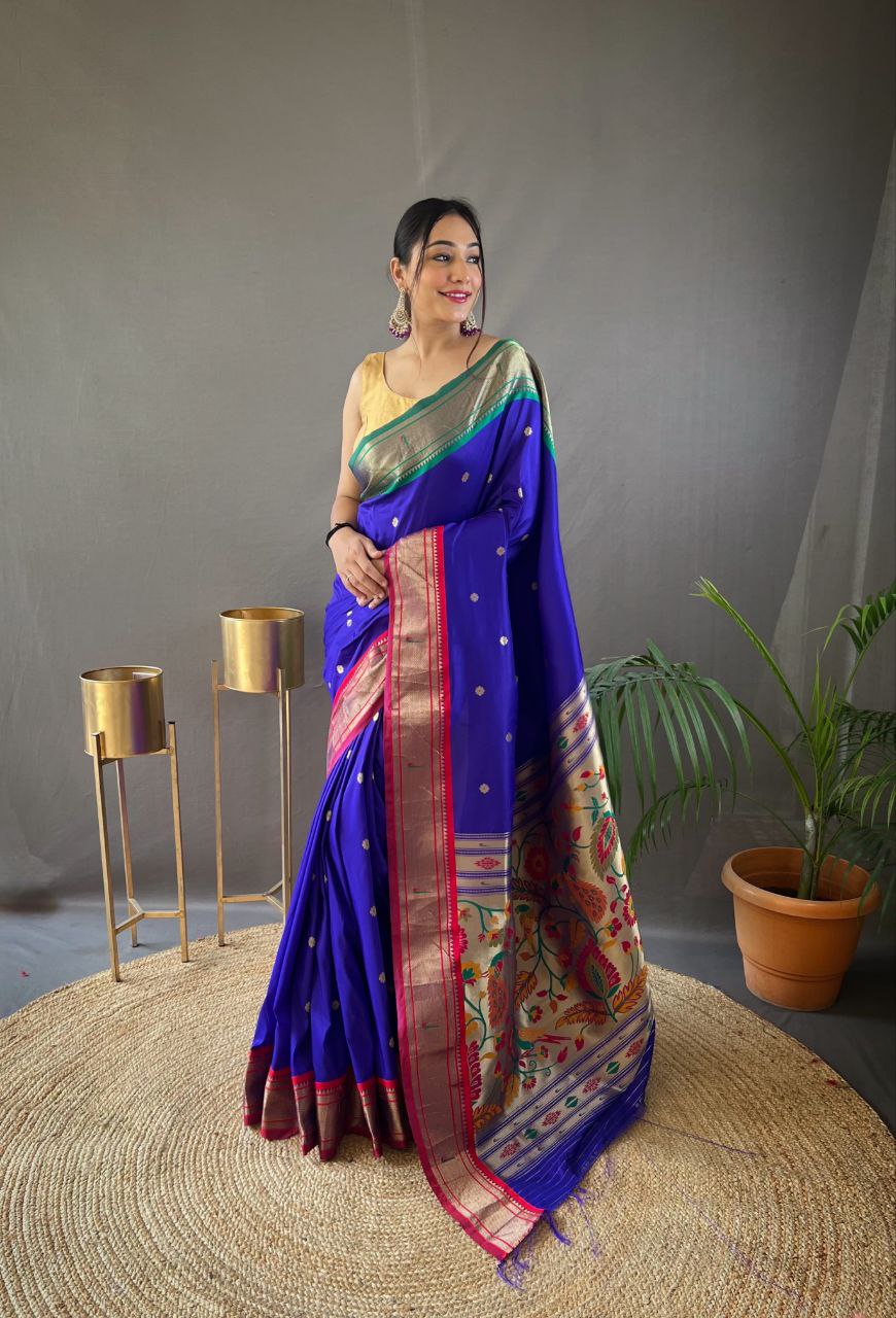 Bluish Purple Traditional Marathi Paithani Saree