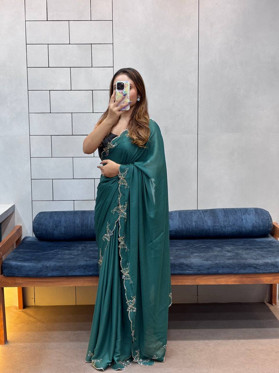 Bottle Green Two Tone Chocolate Silk Saree