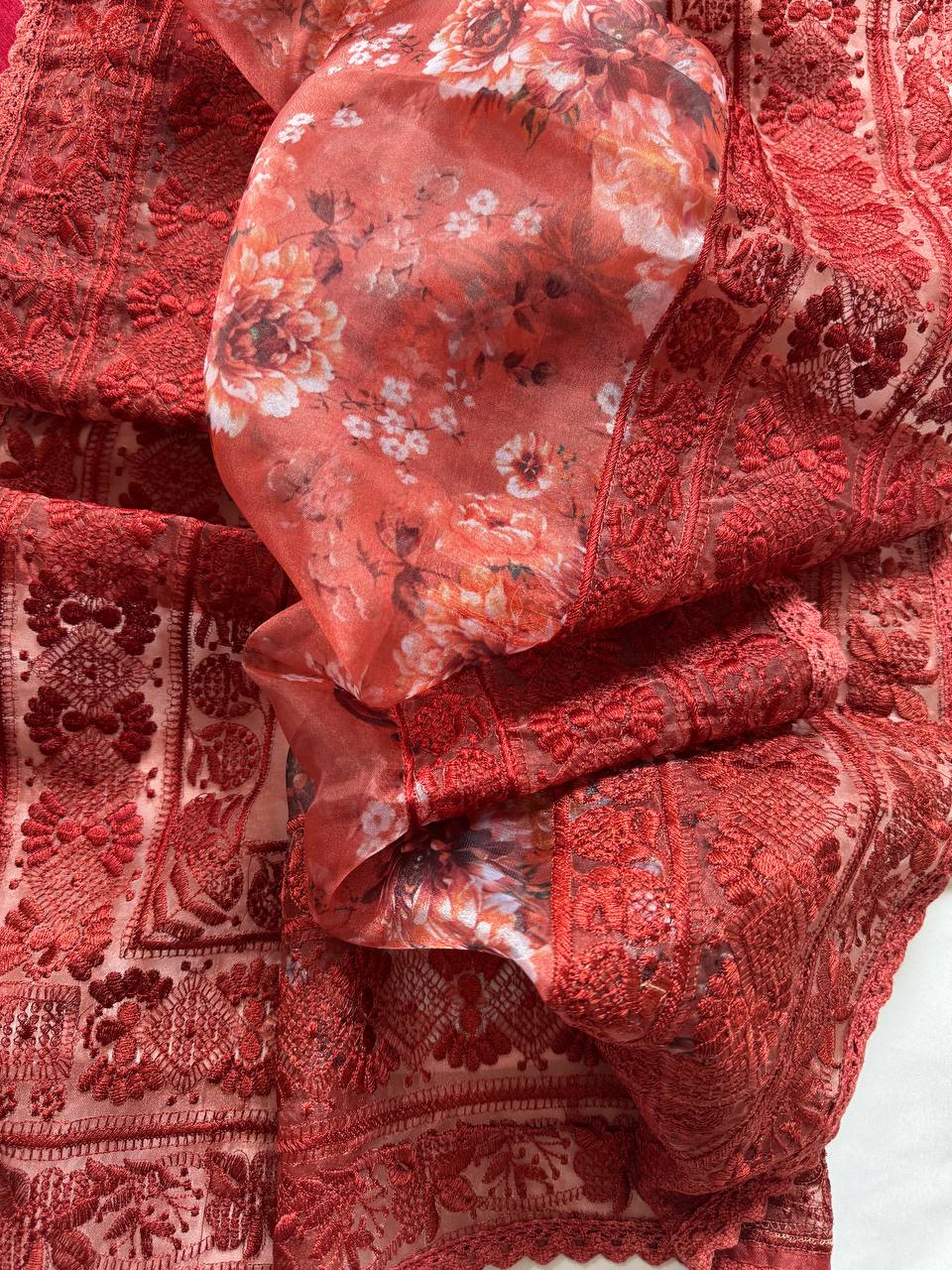 Brick Red Designer Organza Silk Saree