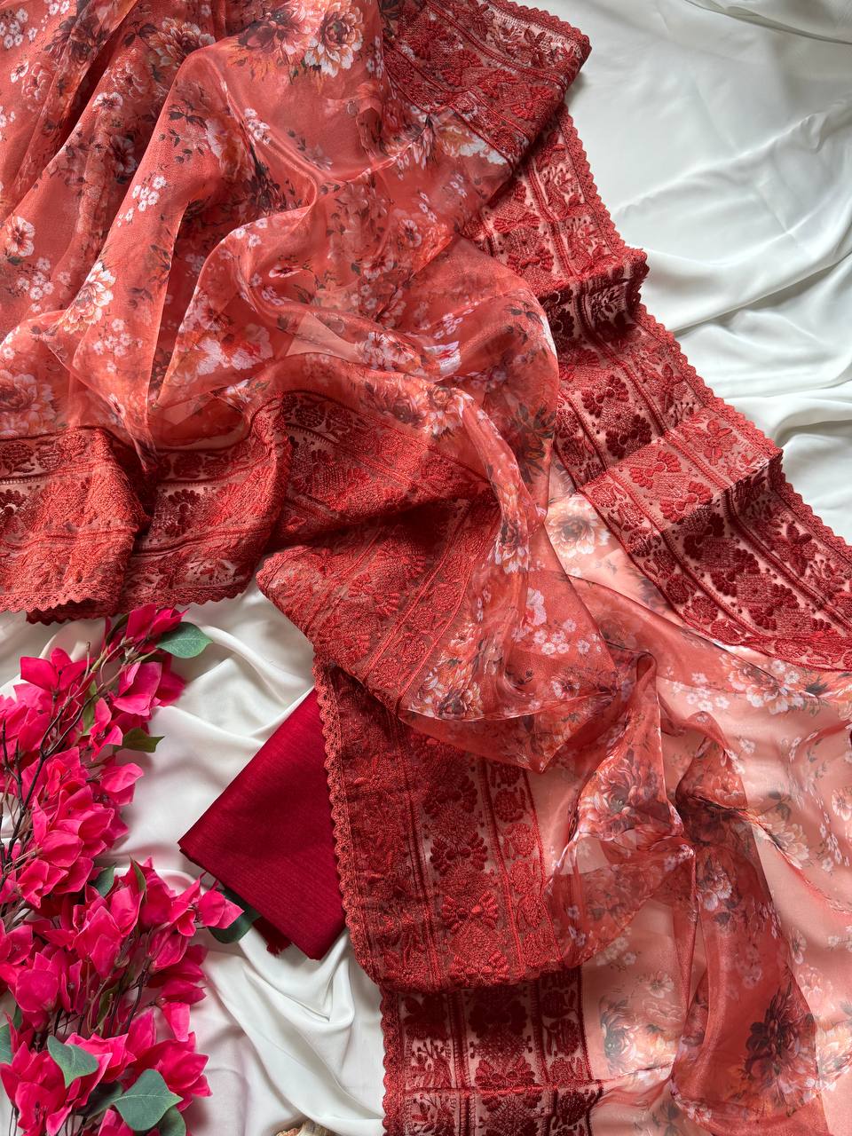 Brick Red Designer Organza Silk Saree