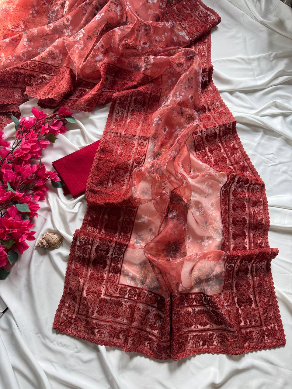 Brick Red Designer Organza Silk Saree