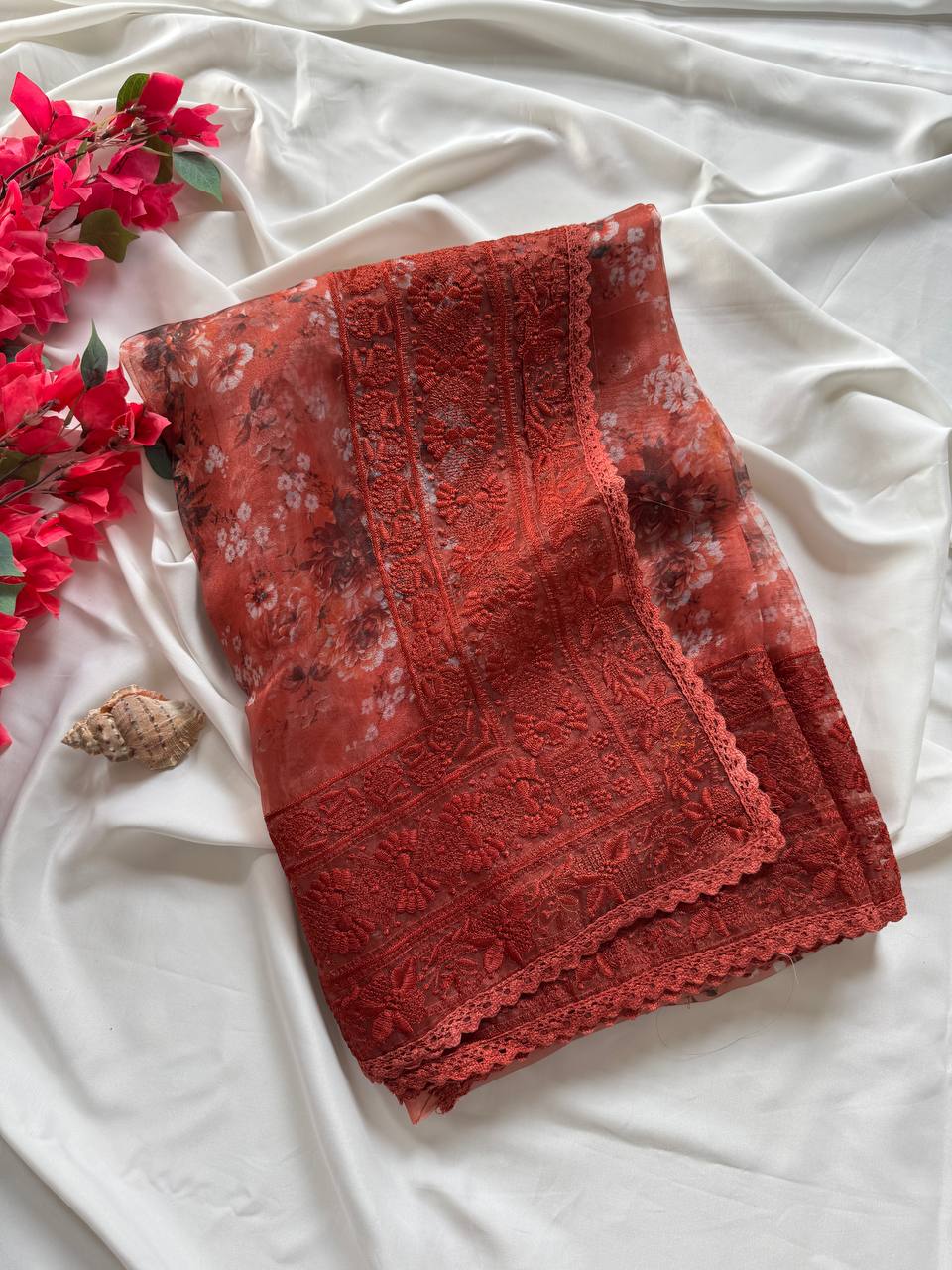 Brick Red Designer Organza Silk Saree