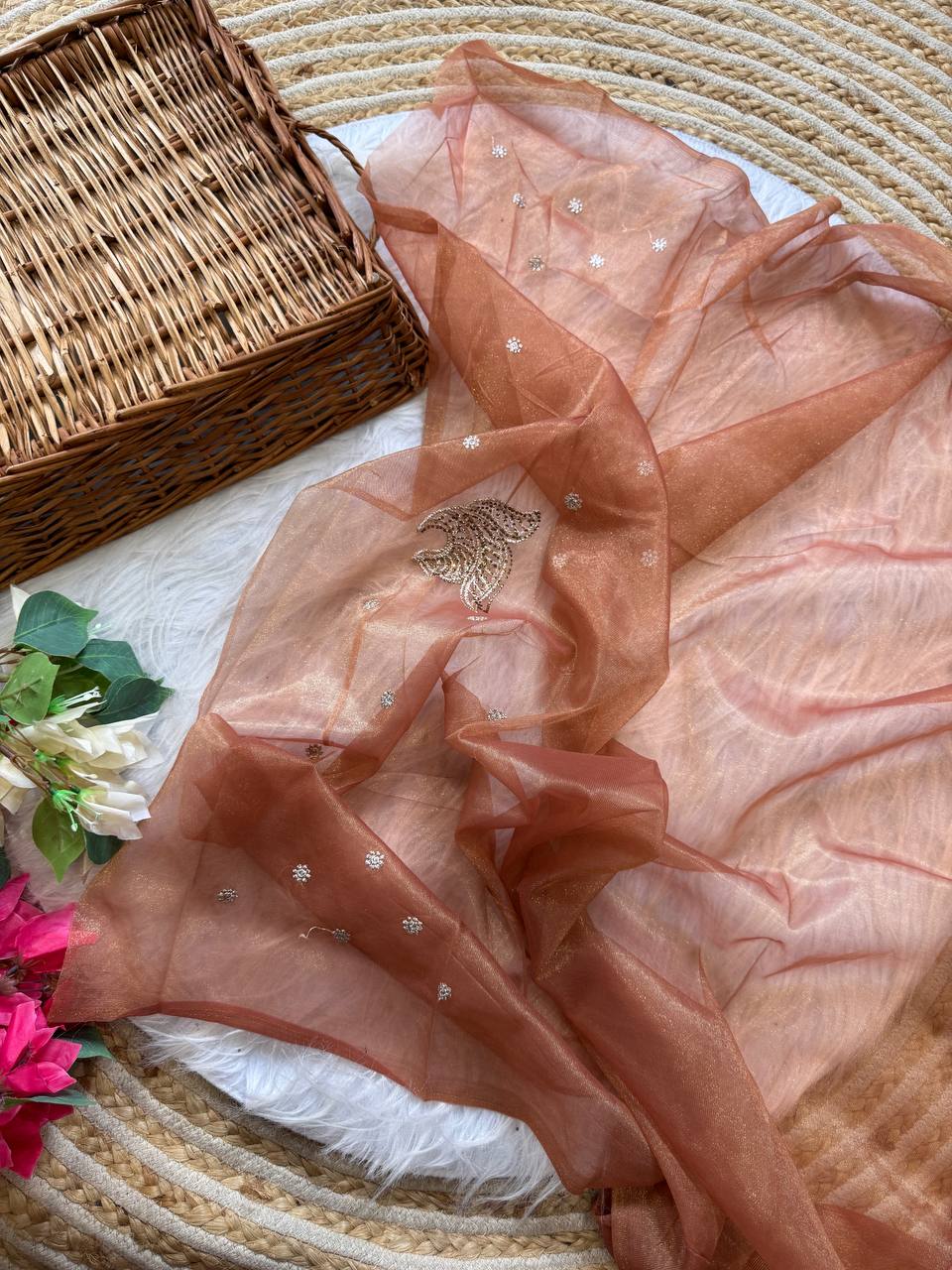 Brick Red Stylish Pure Tissue Silk Saree