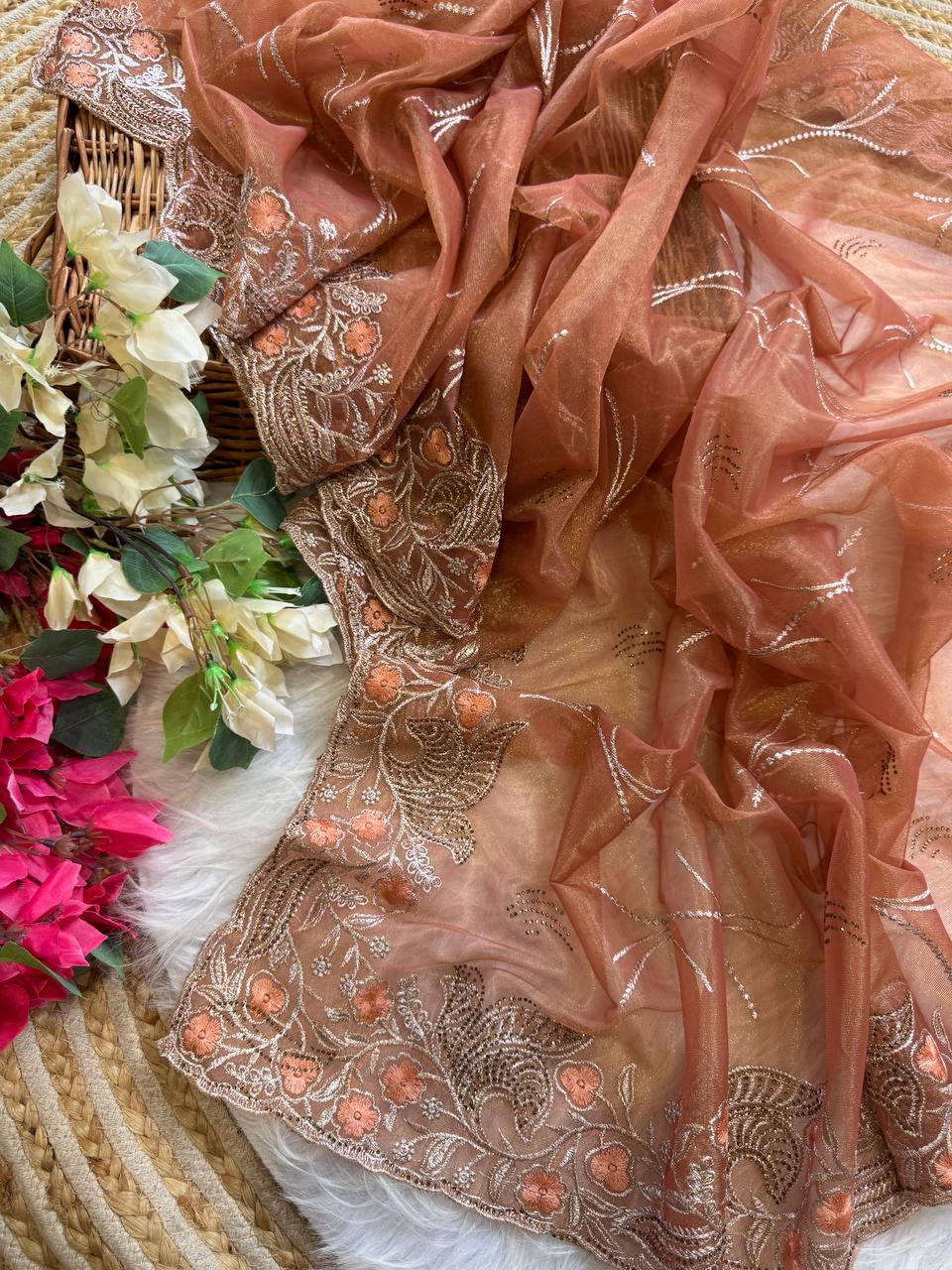 Brick Red Stylish Pure Tissue Silk Saree