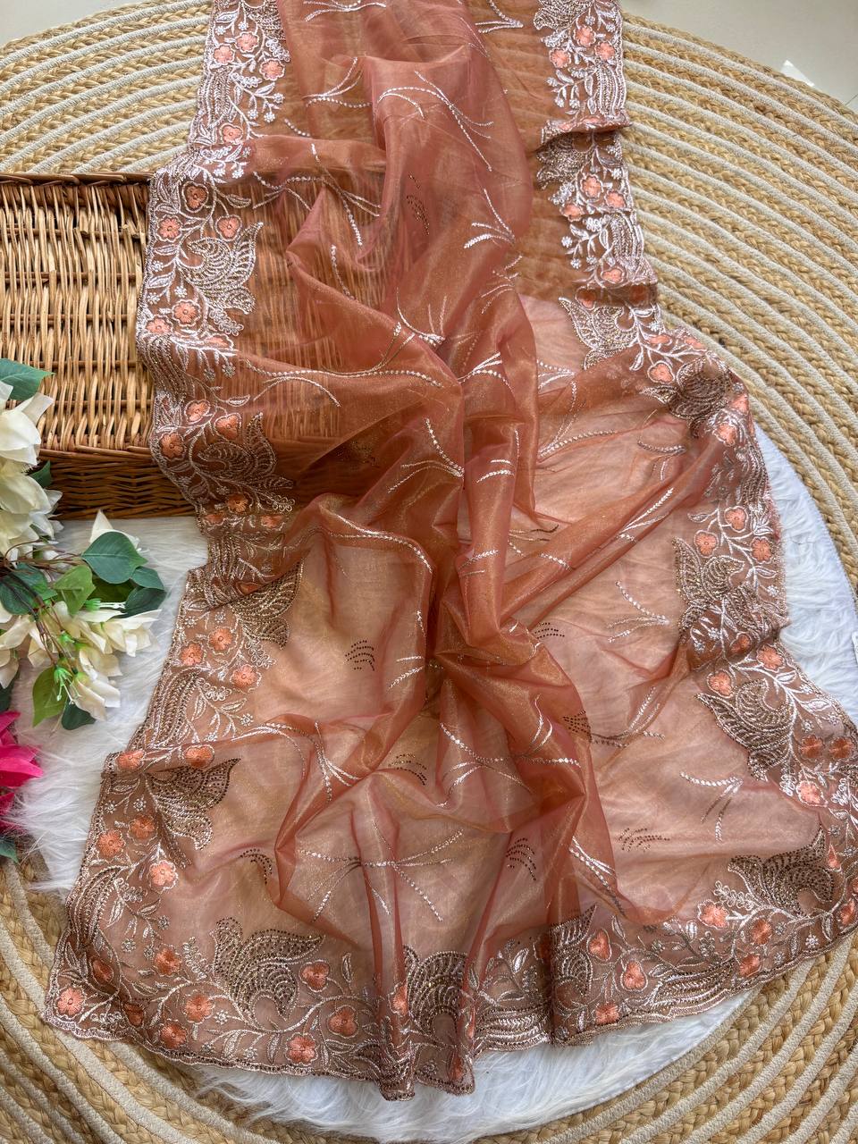 Brick Red Stylish Pure Tissue Silk Saree