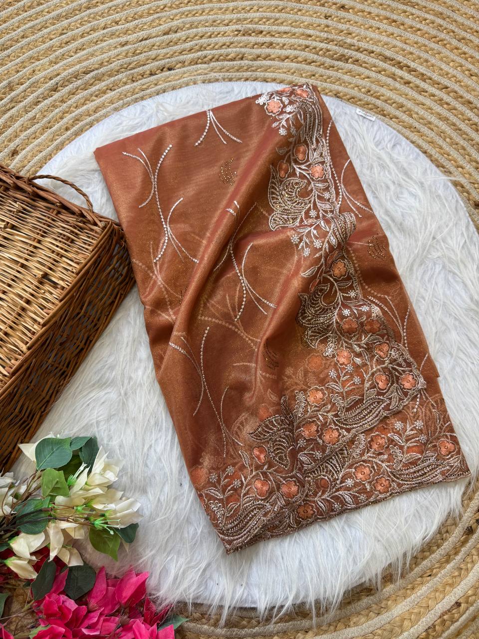 Brick Red Stylish Pure Tissue Silk Saree