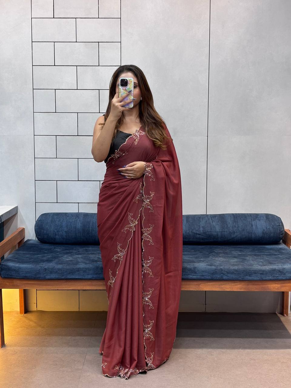 Brick Red Two Tone Chocolate Silk Saree