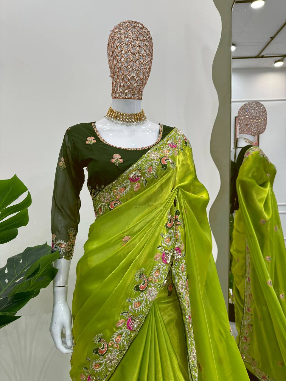 Bright Olive Designer Zimmy Choo Saree