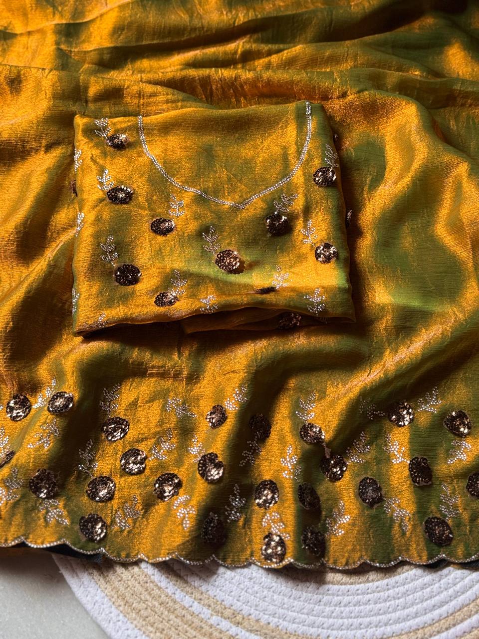 Bronza Olive Designer Fandy Chiffon Silk Saree