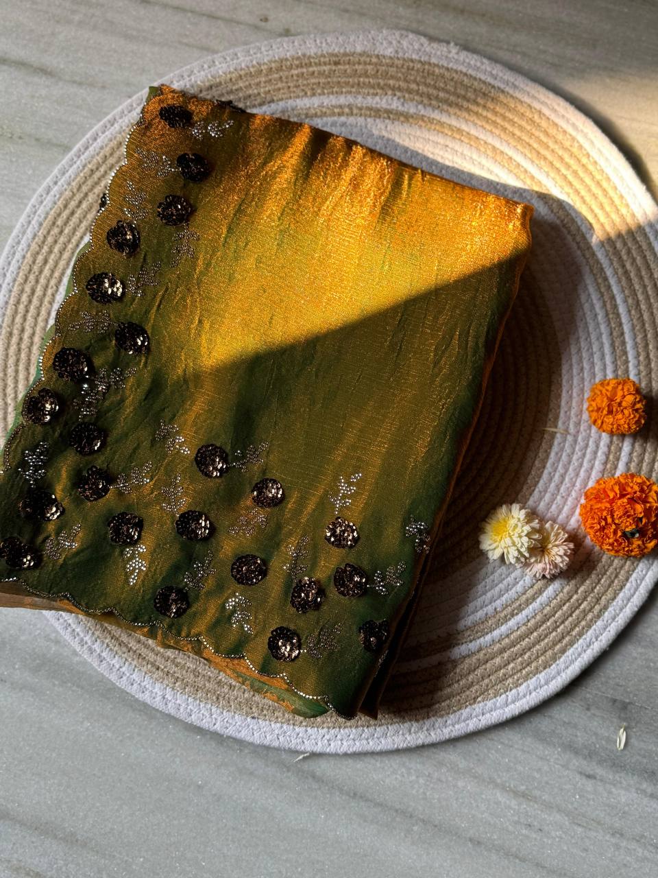 Bronza Olive Designer Fandy Chiffon Silk Saree