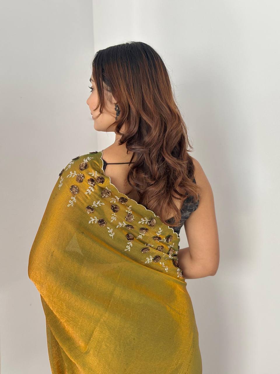 Bronza Olive Designer Fandy Chiffon Silk Saree