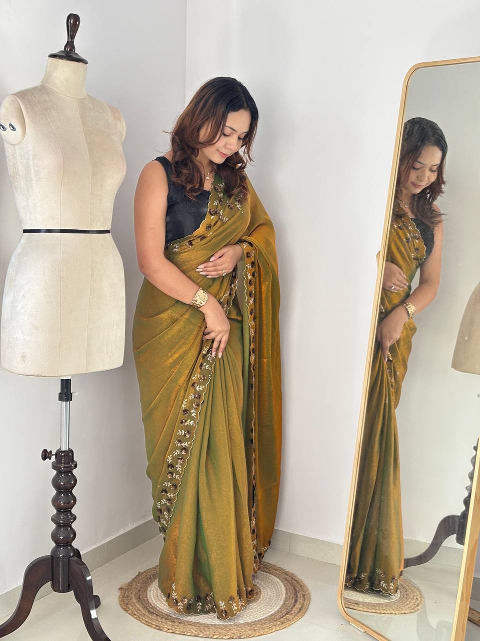 Bronza Olive Designer Fandy Chiffon Silk Saree