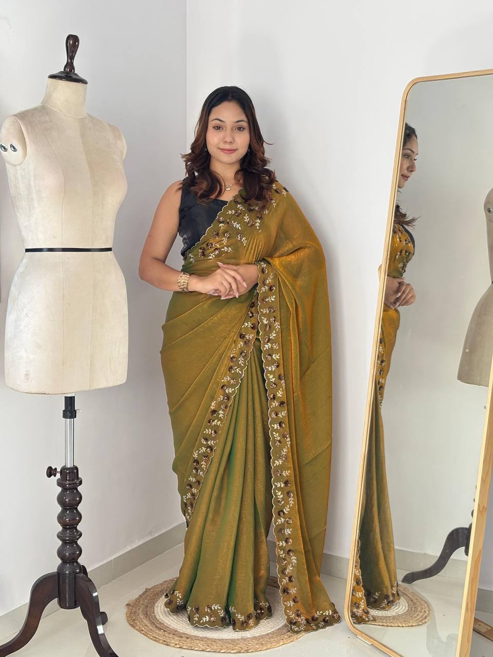 Bronza Olive Designer Fandy Chiffon Silk Saree