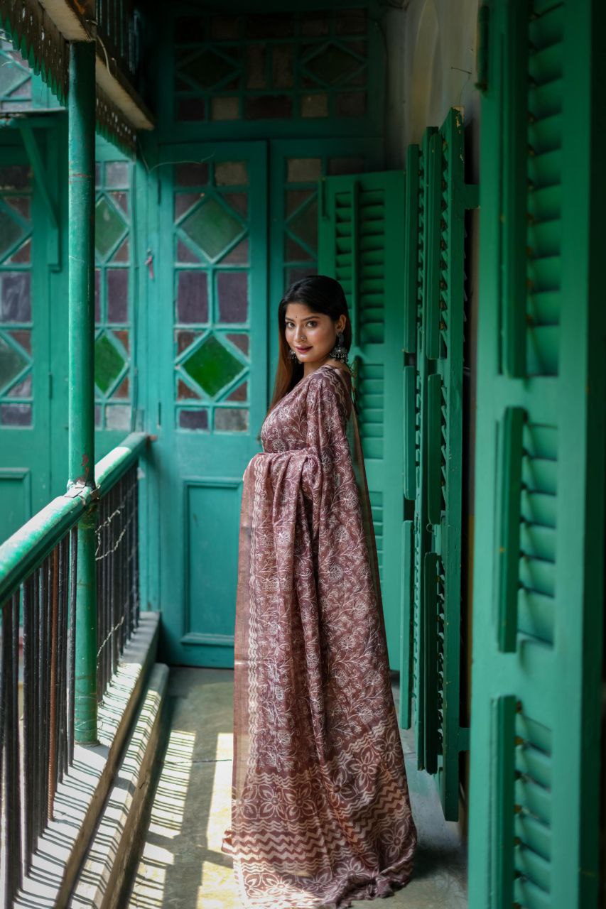 Brown Batik Printed Tussar Silk Saree