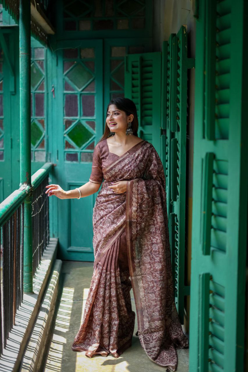 Brown Batik Printed Tussar Silk Saree