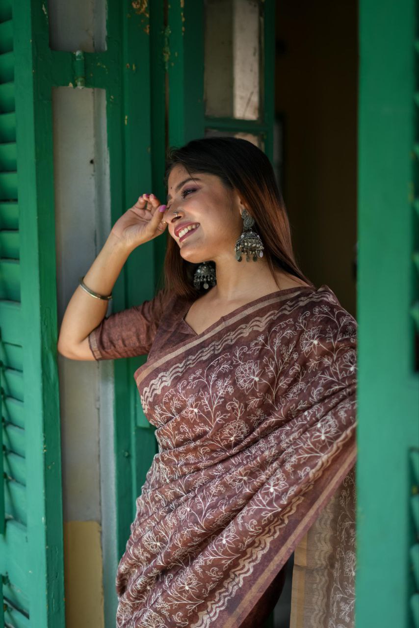 Brown Batik Printed Tussar Silk Saree