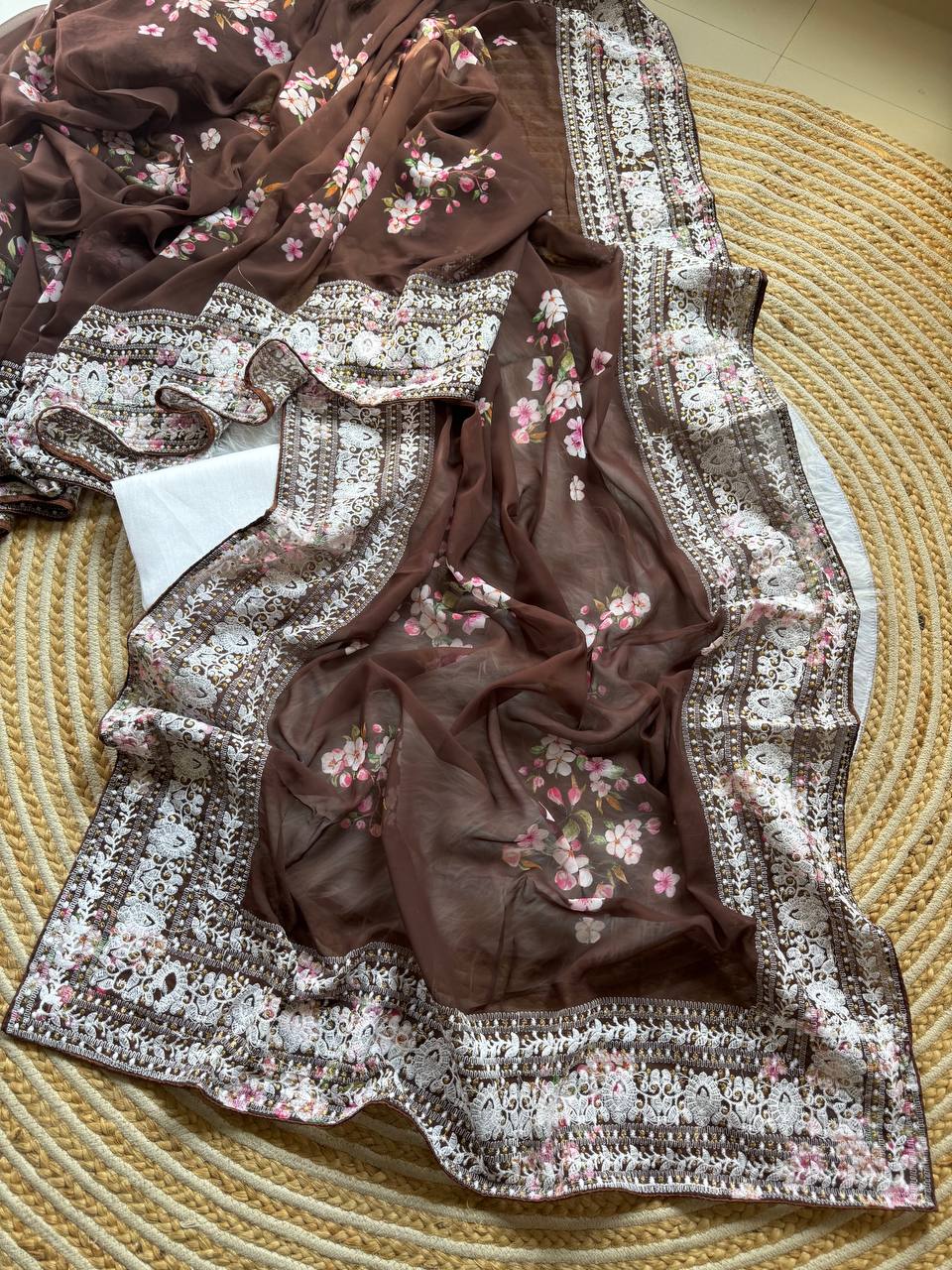 Brown Floral Printed Georgette Saree