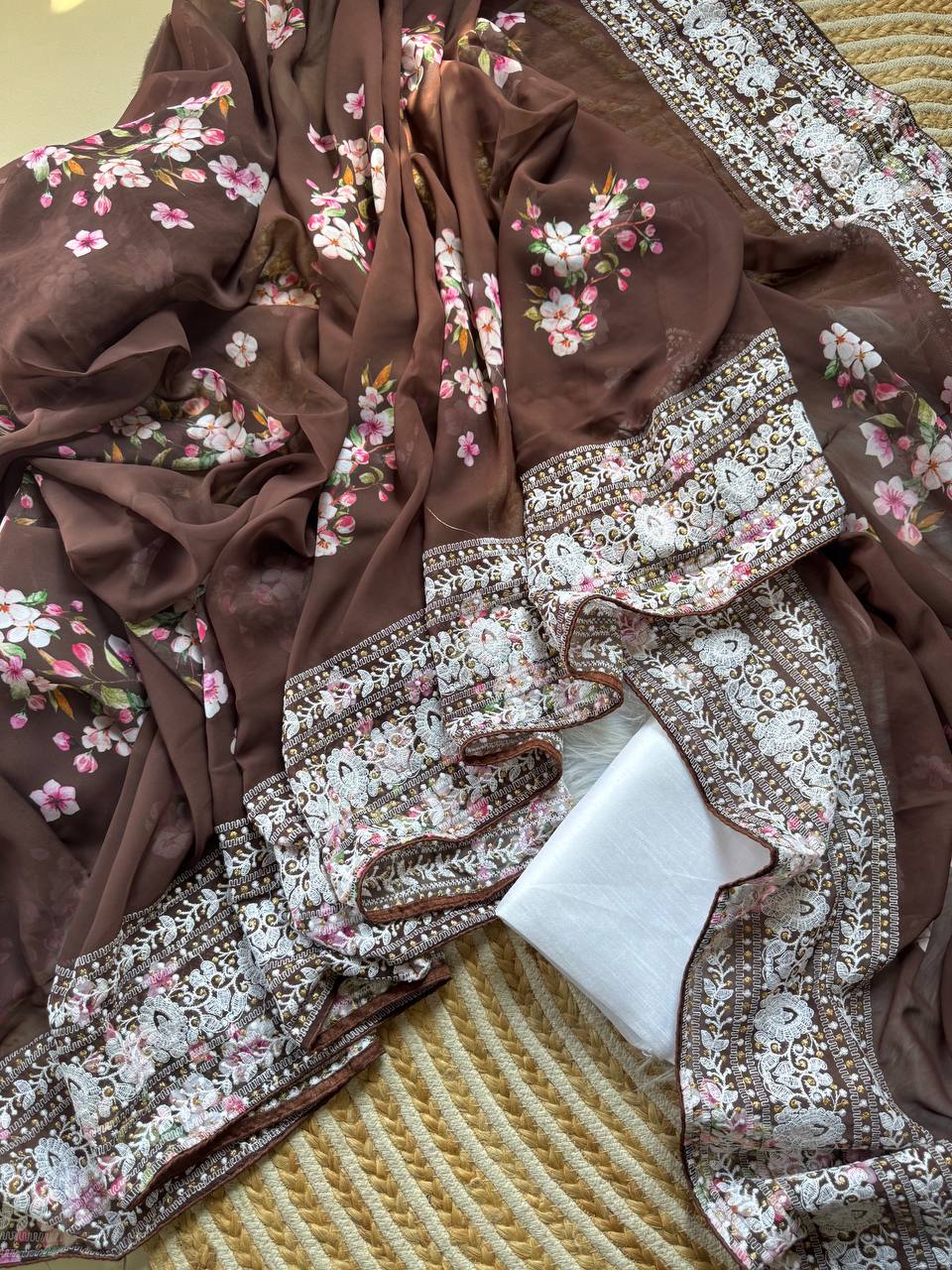 Brown Floral Printed Georgette Saree