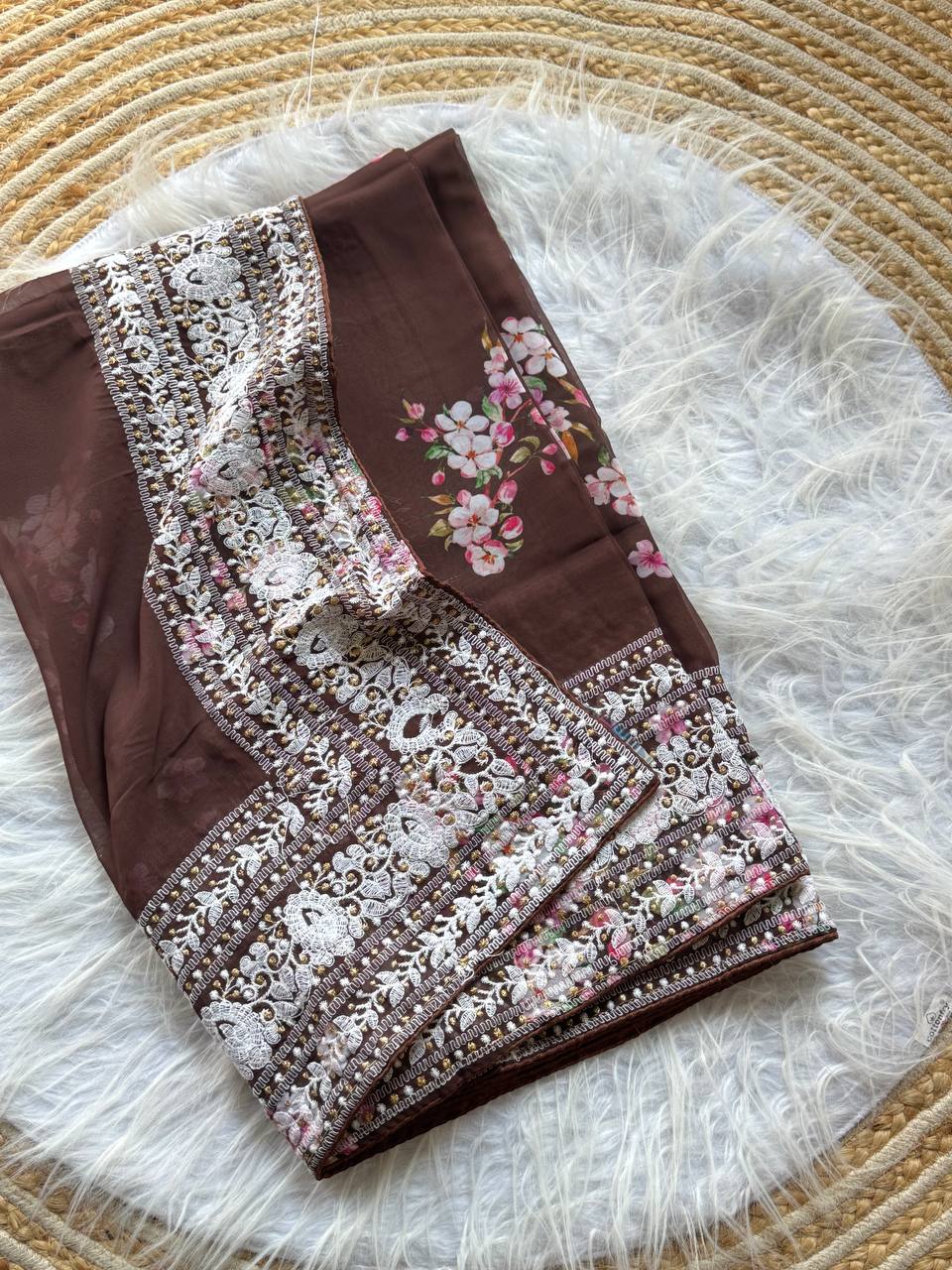 Brown Floral Printed Georgette Saree