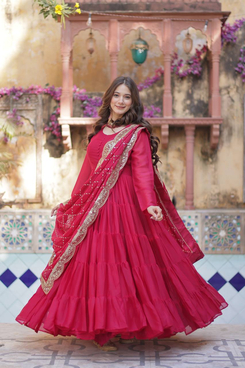 Burnt Pink Traditional Indian Gown Dress With Dupatta