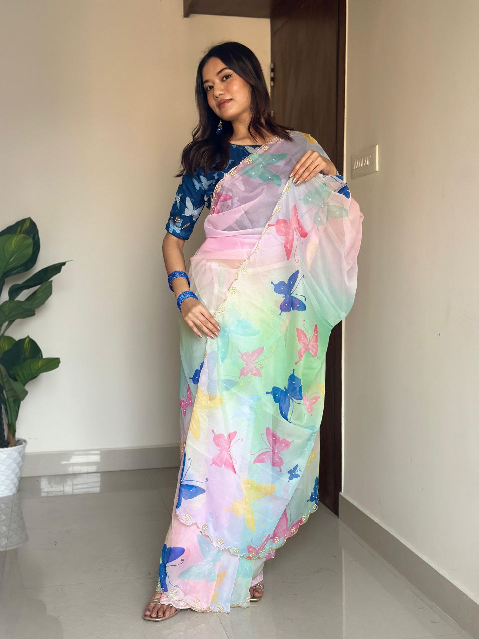 Pista Butterfly Printed Tabby Organza Silk Saree