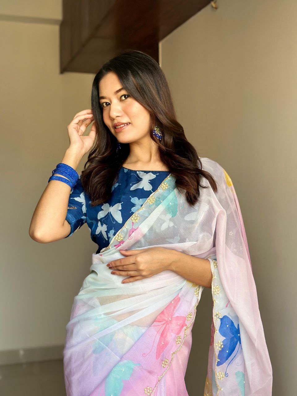 Lavender Butterfly Printed Tabby Organza Silk Saree