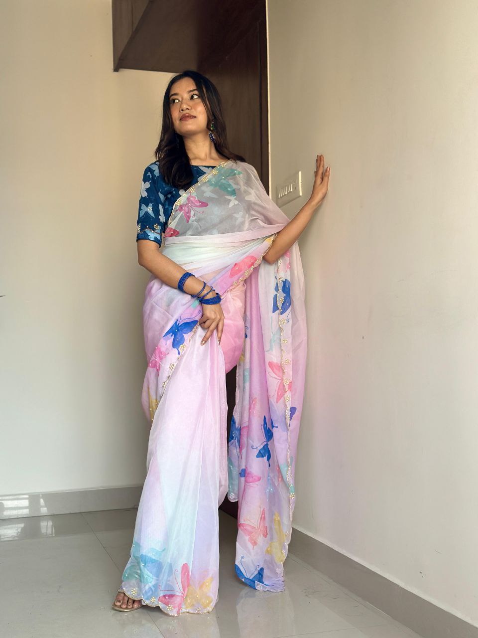 Lavender Butterfly Printed Tabby Organza Silk Saree