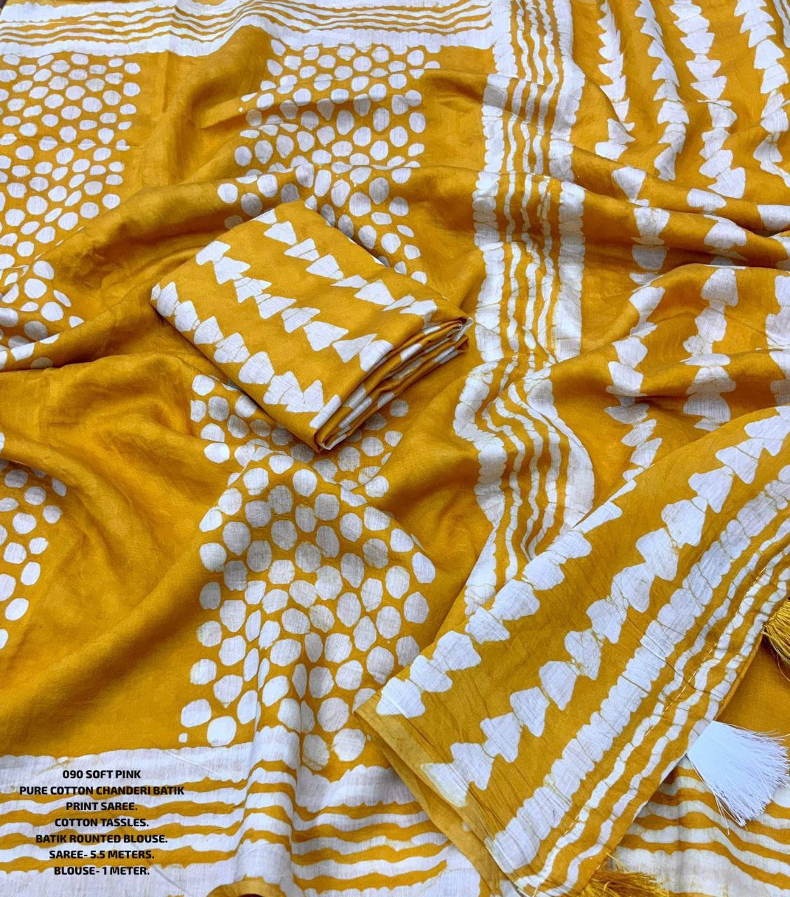 Yellow Chanderi Cotton Batik Printed Saree