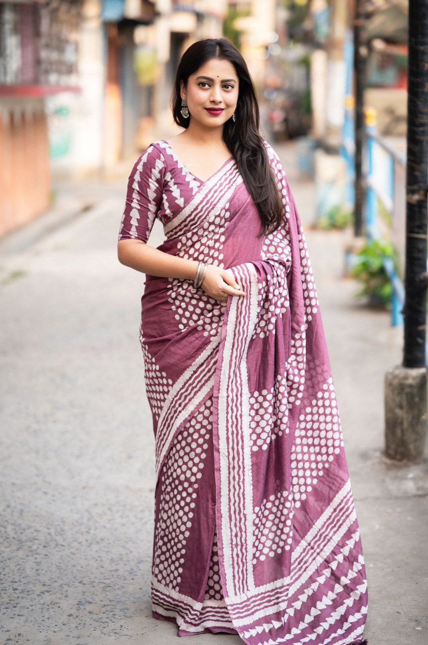 Lavender Chanderi Cotton Batik Printed Saree