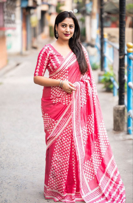 Pink Chanderi Cotton Batik Printed Saree