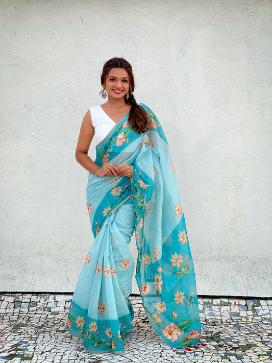 Aqua Pichwai Printed Chanderi Cotton Saree