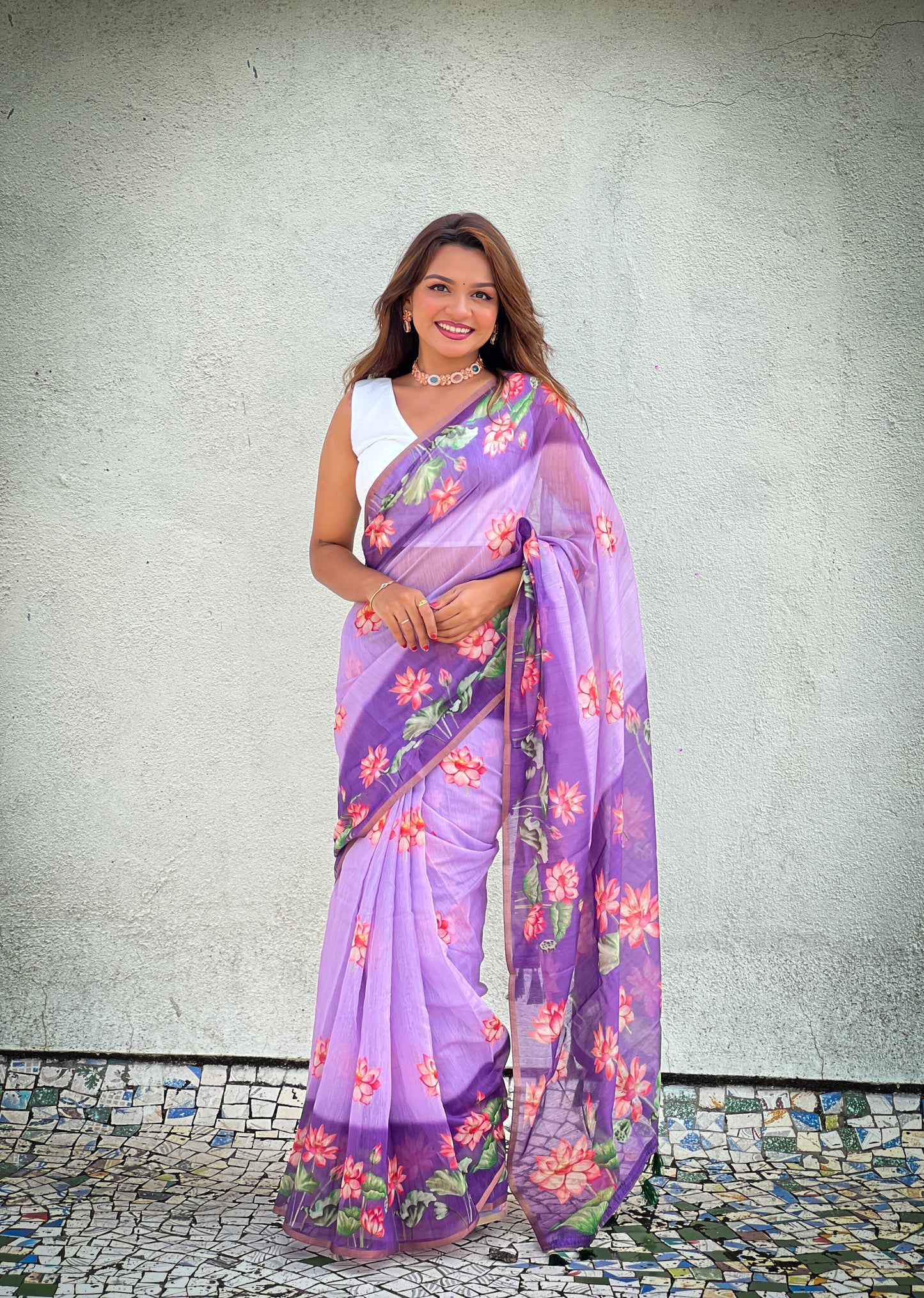 Lavender Pichwai Printed Chanderi Cotton Saree