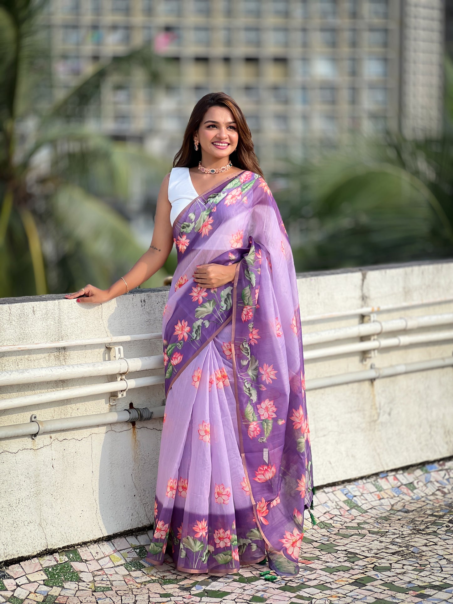 Lavender Pichwai Printed Chanderi Cotton Saree