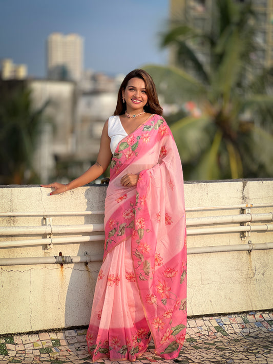 Pink Pichwai Printed Chanderi Cotton Saree