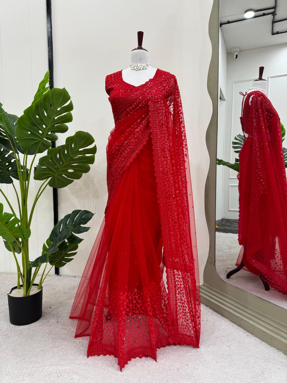 Cherry Red Party Wear Net Saree