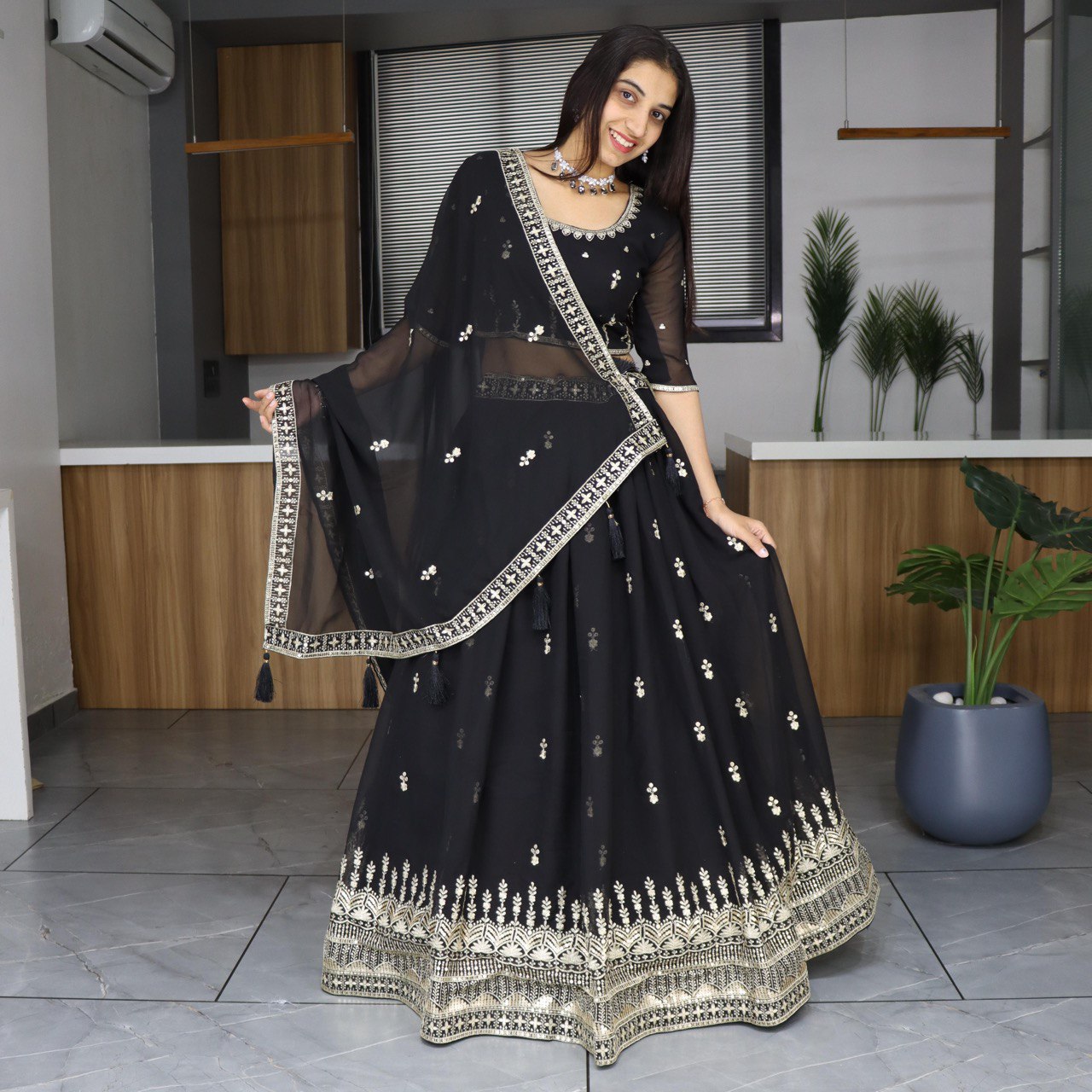 Classical Black Embroidery Lehenga