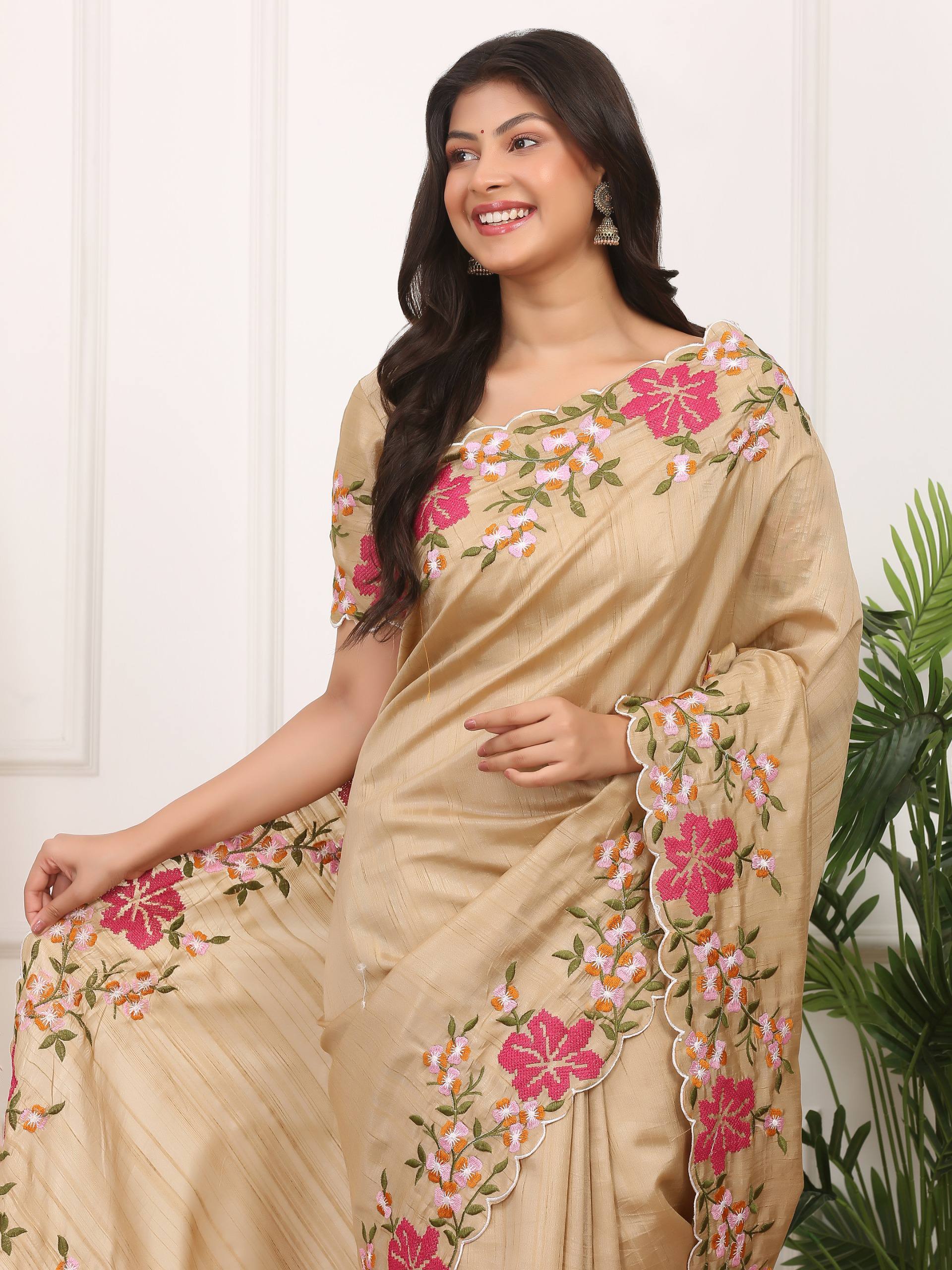 Cream Designer Manipuri Silk Saree
