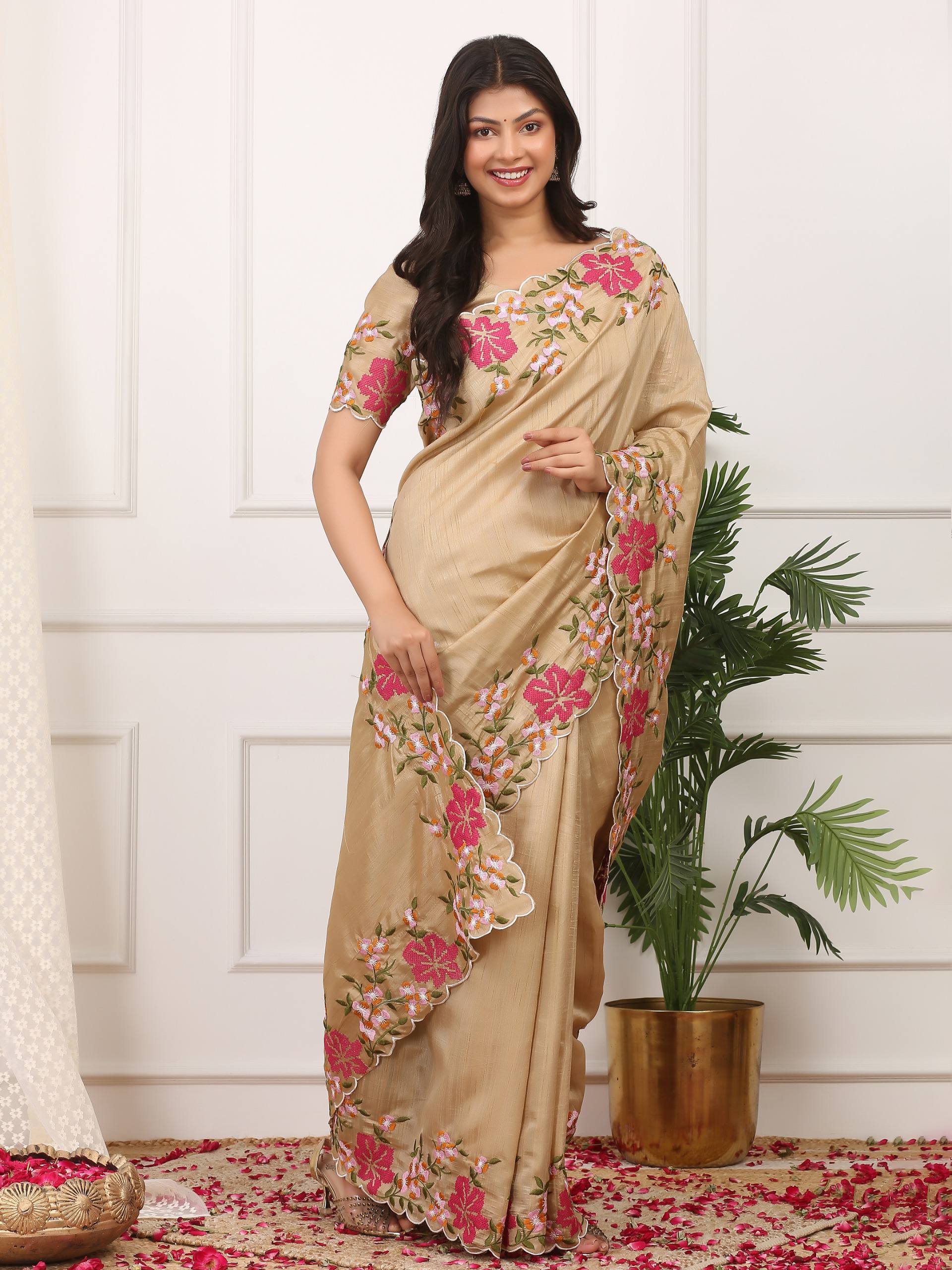 Cream Designer Manipuri Silk Saree
