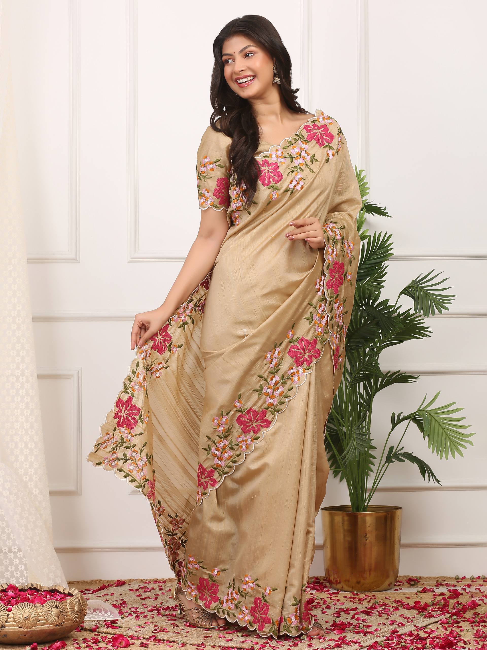 Cream Designer Manipuri Silk Saree