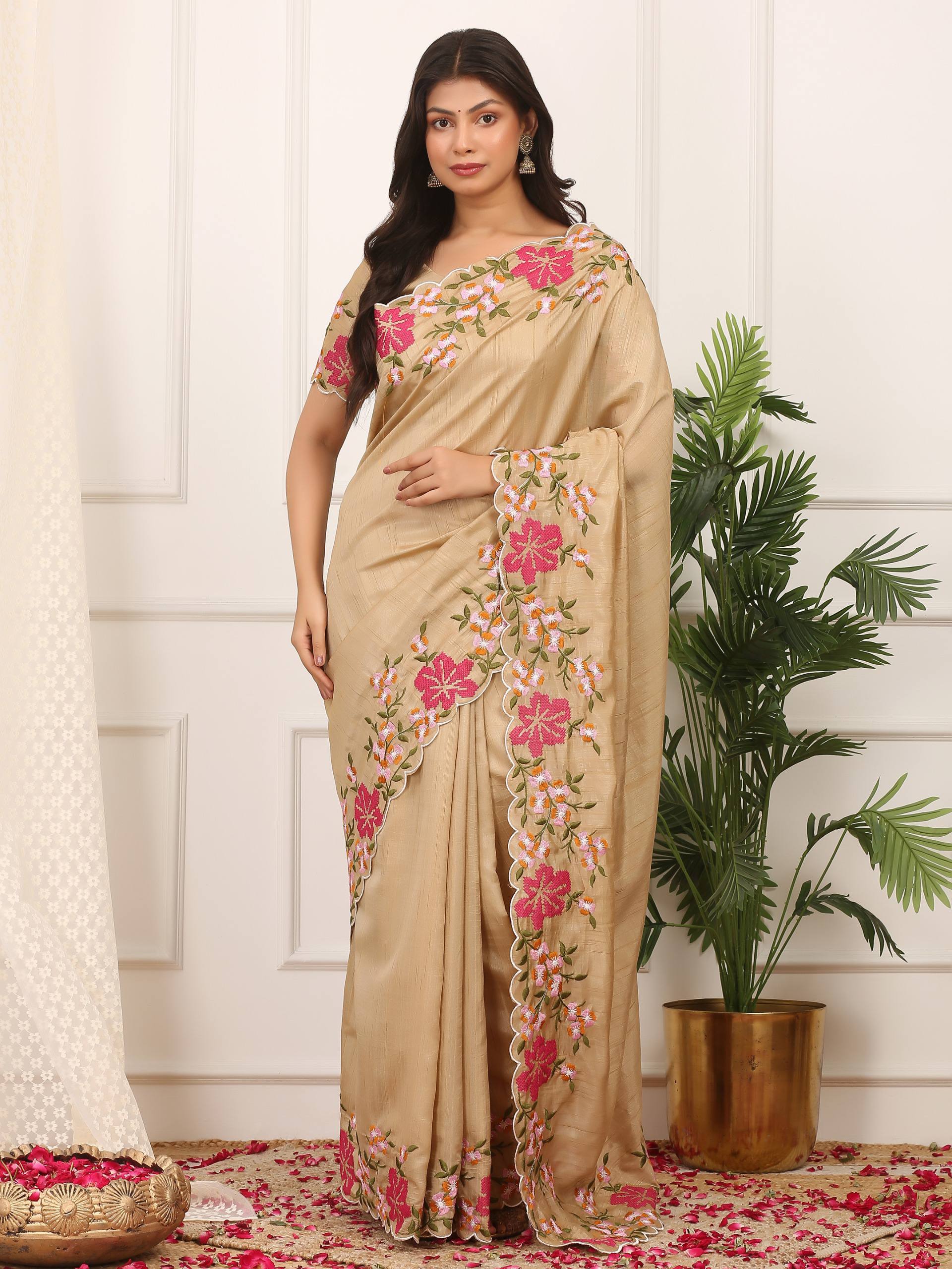 Cream Designer Manipuri Silk Saree