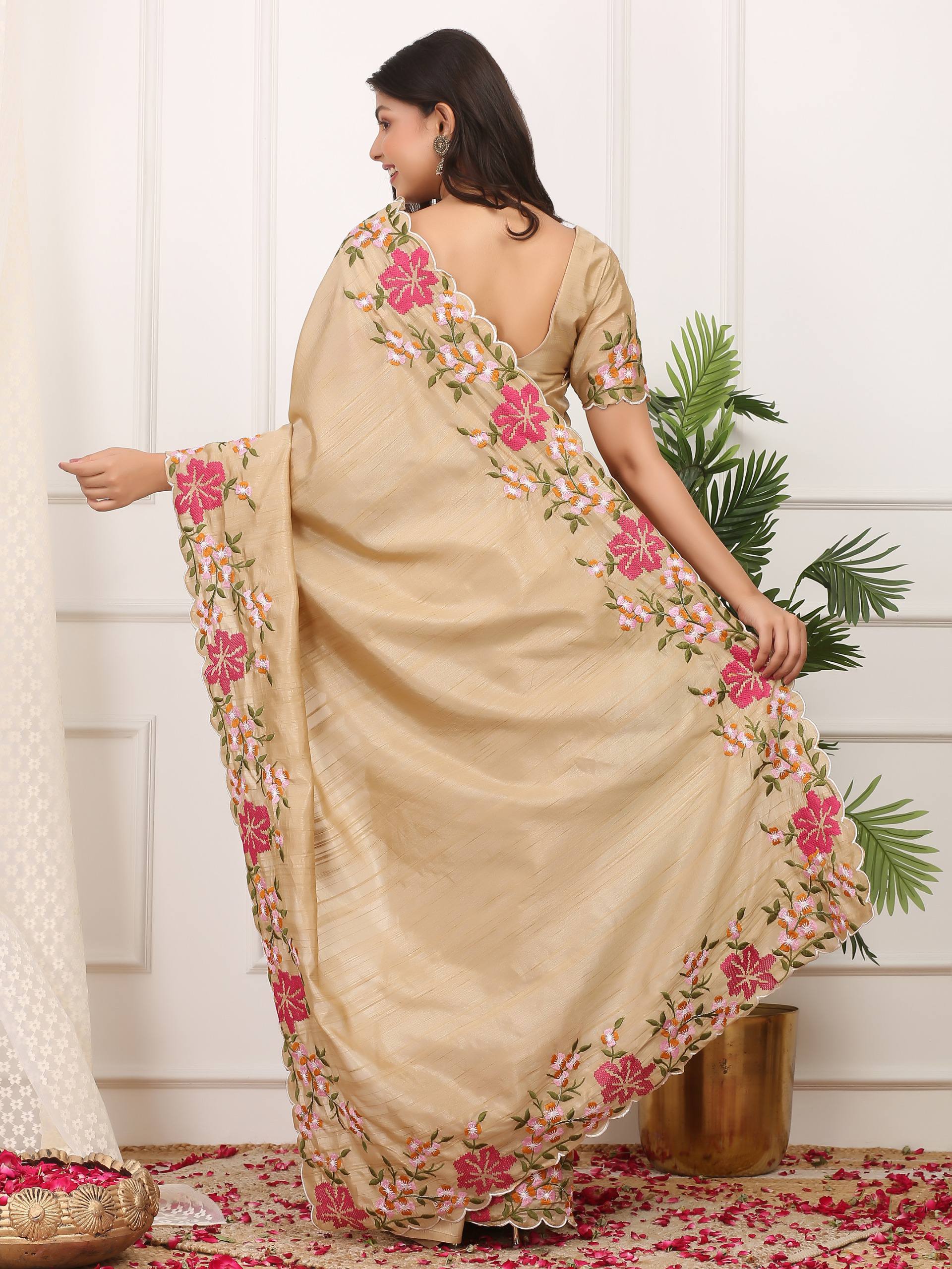 Cream Designer Manipuri Silk Saree