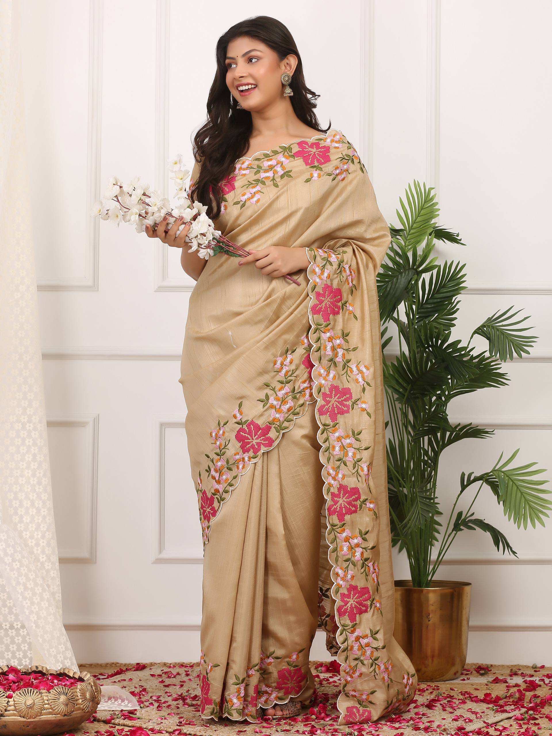 Cream Designer Manipuri Silk Saree